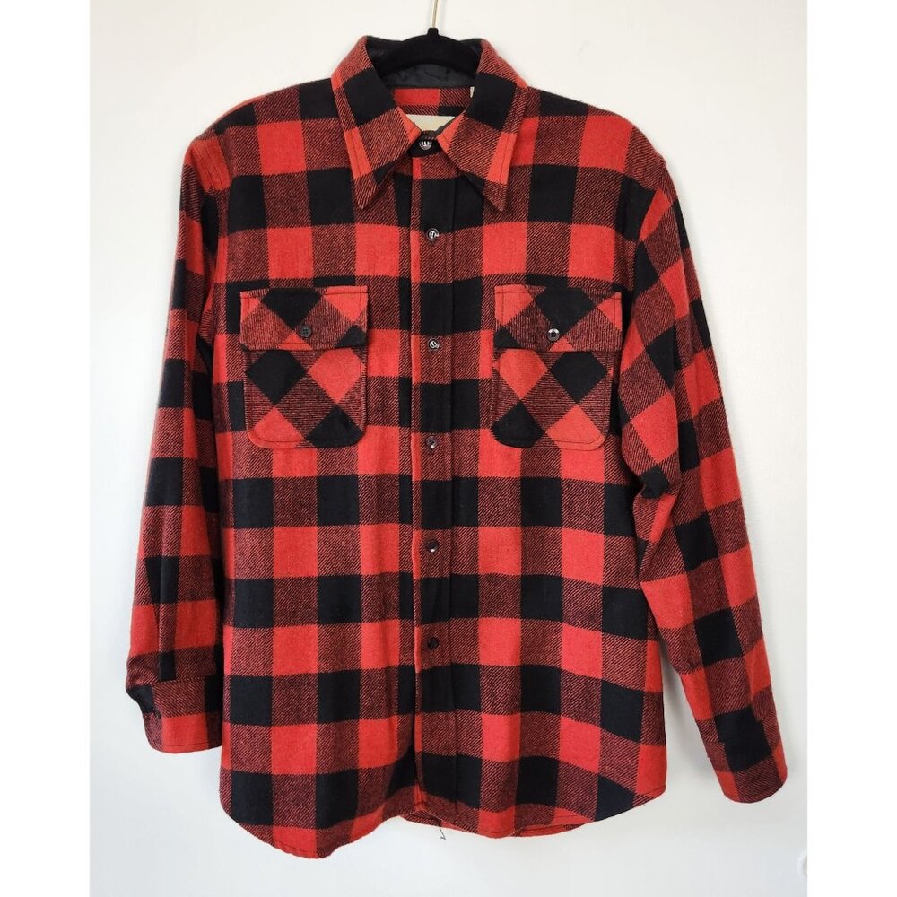 Vintage Kings Road Sears Mens Wool Linen Red Black Buffalo Plaid Flannel Shirt M